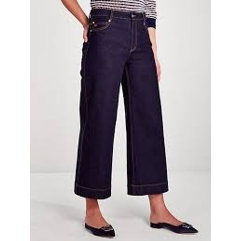 Kate Spade Women Jeans 25 Dark Indigo Wide Leg Cropped Contrast Stitching